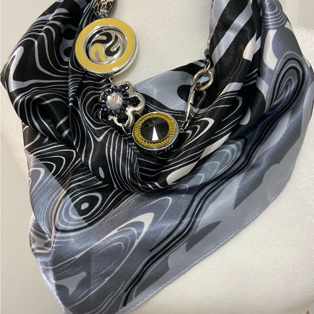 Elegant Black and Gray Silk Scarf-Necklace